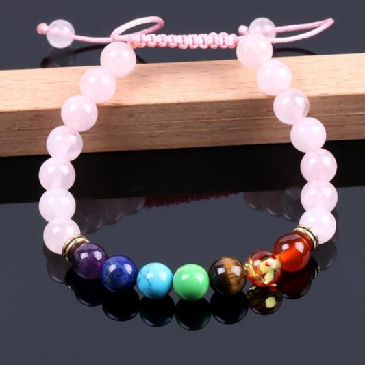 Pulseira 7 Chakras Ajustável Quartzo Rosa - REF1026