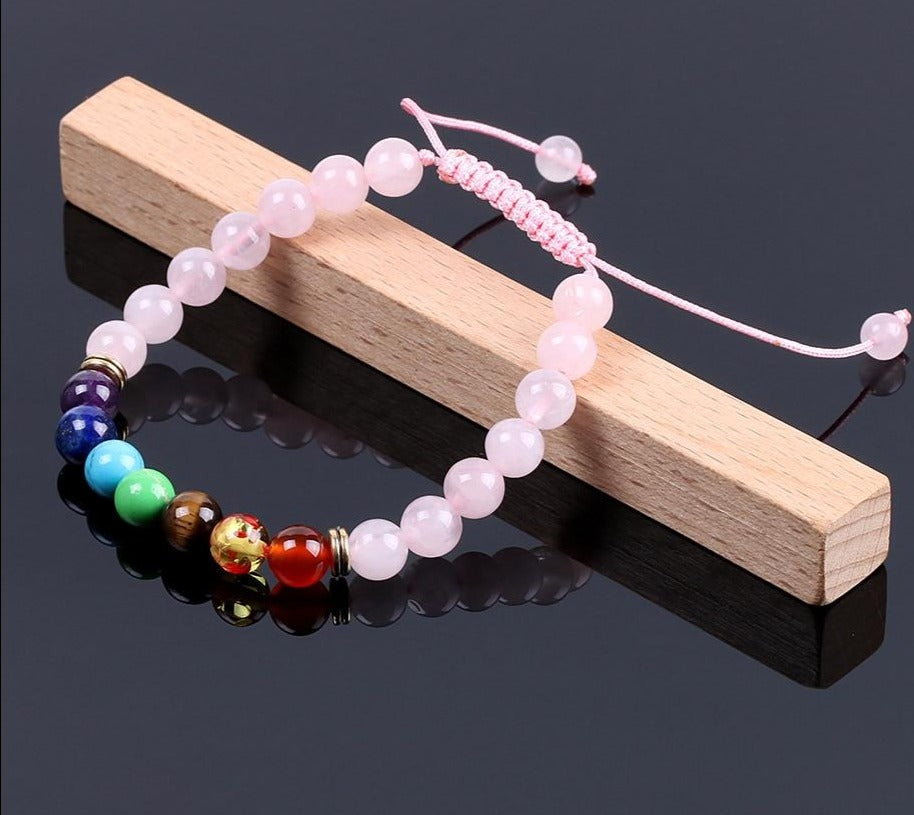 Pulseira 7 Chakras Ajustável Quartzo Rosa - REF1026