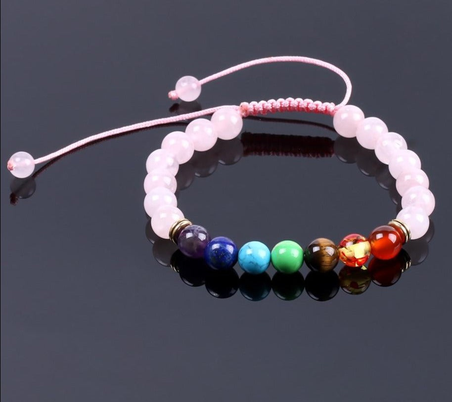 Pulseira 7 Chakras Ajustável Quartzo Rosa - REF1026