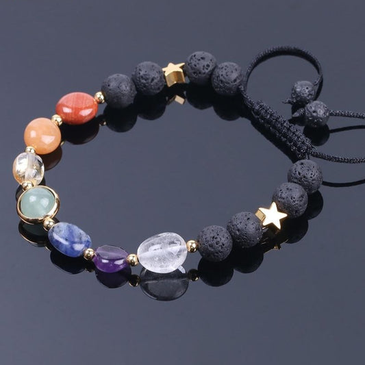 Pulseira com Pedras Naturais 7 Chakras e Pedras Vulcânicas com Estrelas - REF1808