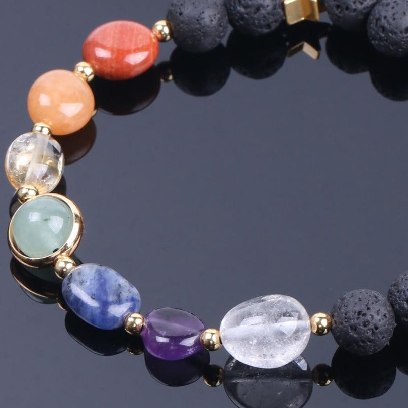Pulseira com Pedras Naturais 7 Chakras e Pedras Vulcânicas com Estrelas - REF1808