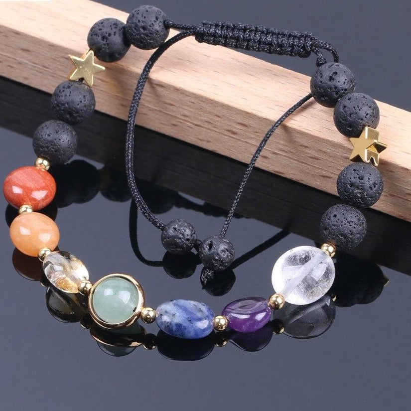 Pulseira com Pedras Naturais 7 Chakras e Pedras Vulcânicas com Estrelas - REF1808