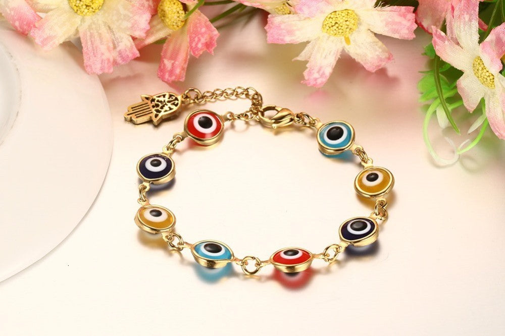 Pulseira Olho Grego Colorido e Mão de Fátima em Aço - REF1576 - PIME.pt