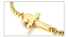 Carregar imagem no visualizador da galeria, Pulseira Ajustável Dourada com Cruz e Pedra Vermelha - em Aço - REF1573 - PIME.pt