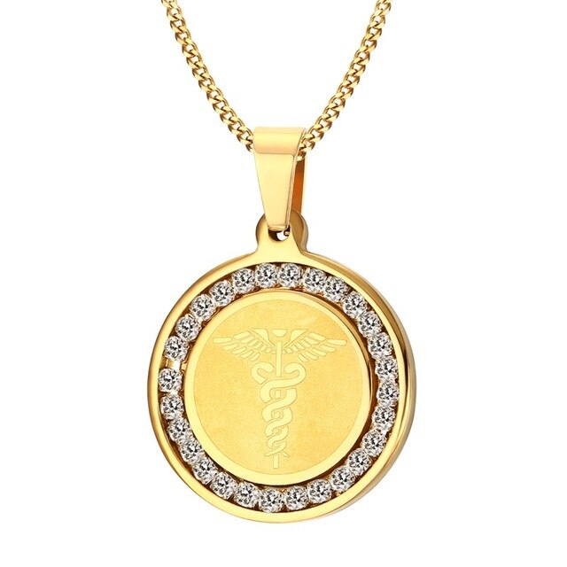 Colar Medalha Bastão de Asclépio com Brilhantes Circundantes em Aço - REF1545 - PIME.pt