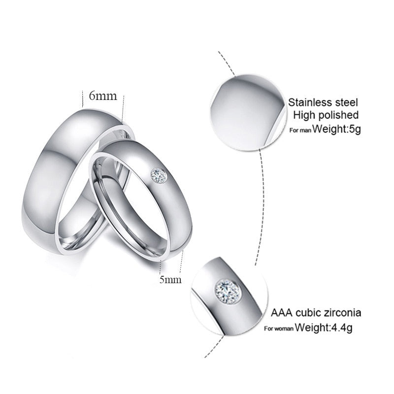Aliança Prateada Simples e Pedra Solitária 5mm e 6mm em Aço - REF1832 - PIME.pt