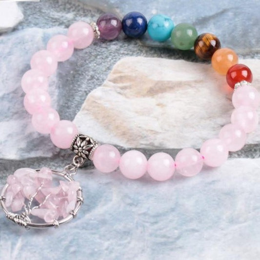 Pulseira 7 Chakras com Pedras Naturais Quartzo Rosa e Árvore da Vida - REF1032
