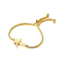 Carregar imagem no visualizador da galeria, Pulseira Ajustável Dourada com Cruz e Pedra Vermelha - em Aço - REF1573 - PIME.pt