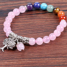 Carregar imagem no visualizador da galeria, Pulseira 7 Chakras com Árvore da Vida - Pedras Naturais Quartzo Rosa - REF1027