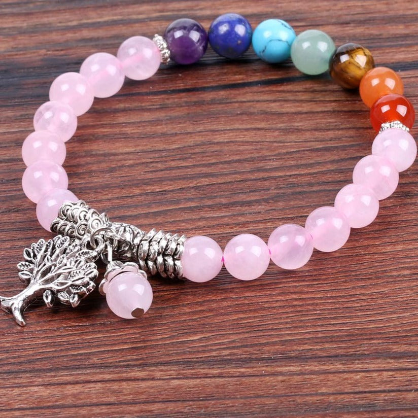 Pulseira 7 Chakras com Árvore da Vida - Pedras Naturais Quartzo Rosa - REF1027