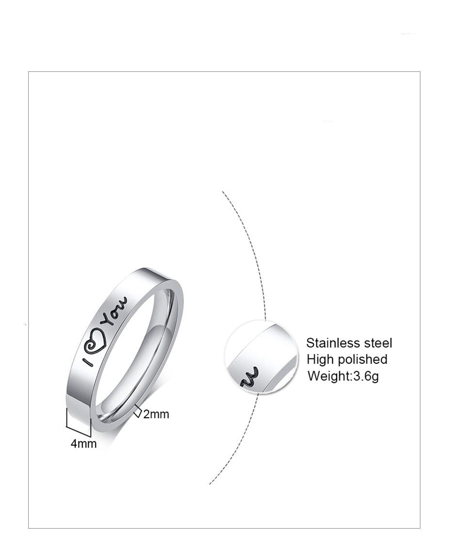 Aliança Prateada I Love You com Coração (4mm) em Aço - Alianças de Namoro ou Compromisso (para Namorados) - REF1610 - PIME.pt