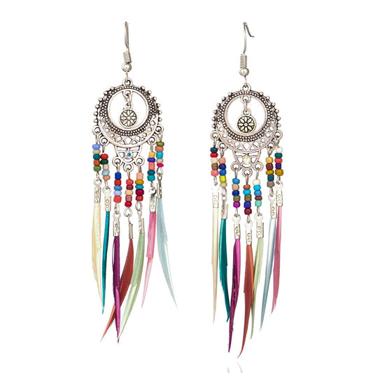 Brincos Círculo com Missangas e Penas Coloridas Pendentes - REF1234 - PIME.pt