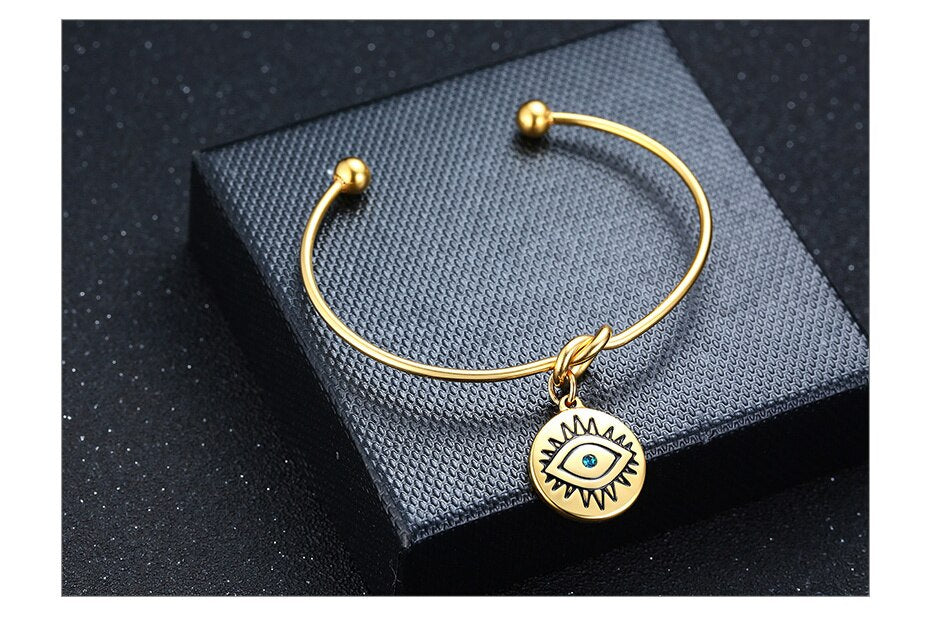 Pulseira Dourada com Medalha Olho Azul em Aço - REF1575 - PIME.pt