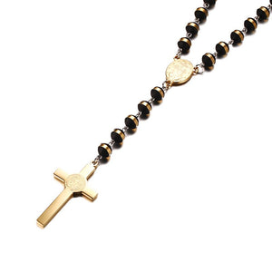 Colar Rosário - Terço  Preto e Dourado com Cruz em Aço - REF1512 - PIME.pt