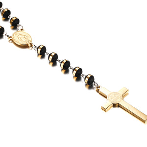 Colar Rosário - Terço  Preto e Dourado com Cruz em Aço - REF1512 - PIME.pt