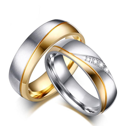 Aliança Prateada com Banda Dourada e Pedras ou Dourada com Banda Prateada 6mm em Aço para Casamento, Namoro ou Compromisso - REF00095 - PIME.pt