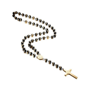 Colar Rosário - Terço  Preto e Dourado com Cruz em Aço - REF1512 - PIME.pt