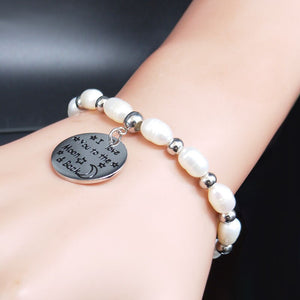 Pulseira com Pérolas e Medalha I Love You To The Moon & Back em Aço - REF1369 - PIME.pt