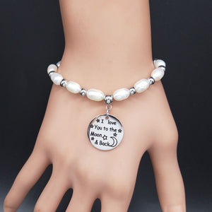 Pulseira com Pérolas e Medalha I Love You To The Moon & Back em Aço - REF1369 - PIME.pt