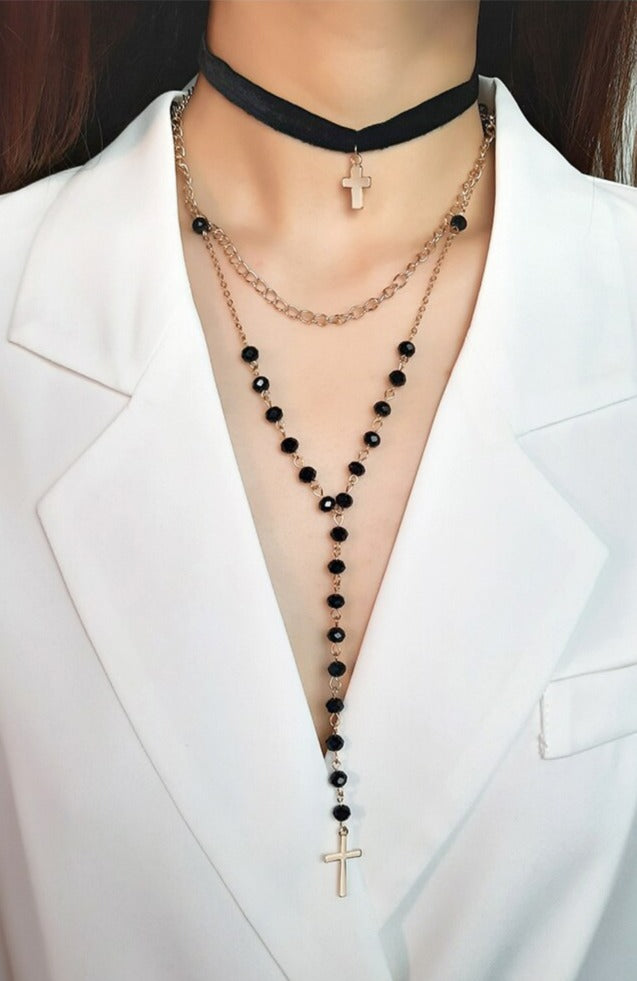 Conjunto de Três Colares - Cruz, Fio Simples e Rosário - em Aço - REF1546 - PIME.pt