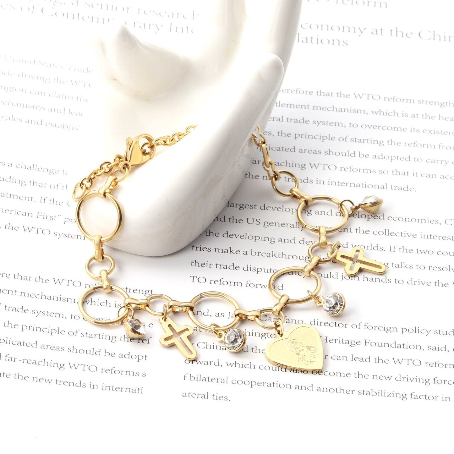 Pulseira Coração com Virgem Maria, Cristais e Cruz Católica em Aço - REF1506 - PIME.pt