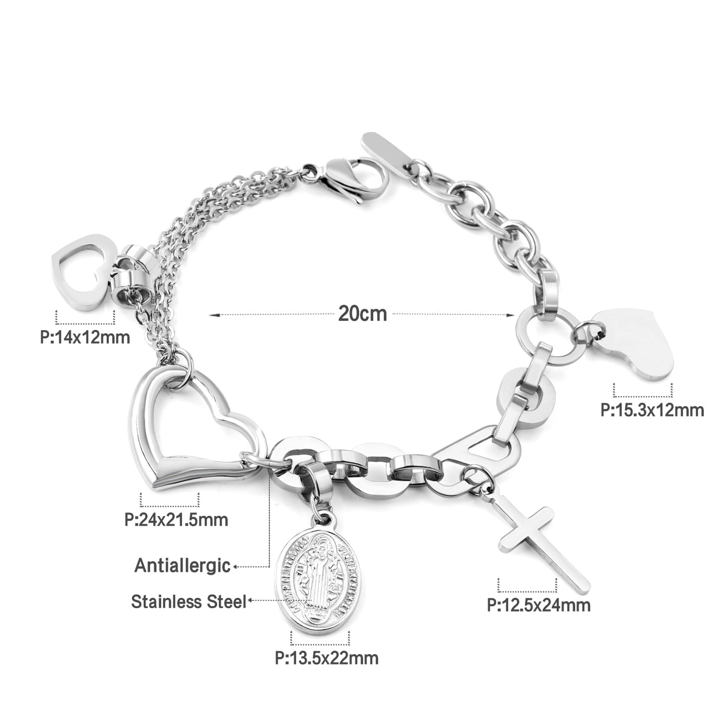 Pulseira Corações Pendentes, Medalha e Cruz Cristã em Aço - REF1502 - PIME.pt