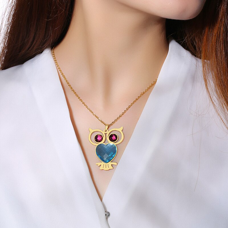 Colar Dourado Mocho com Olhos de Cristal e Coração Azul - em Aço - REF1540 - PIME.pt