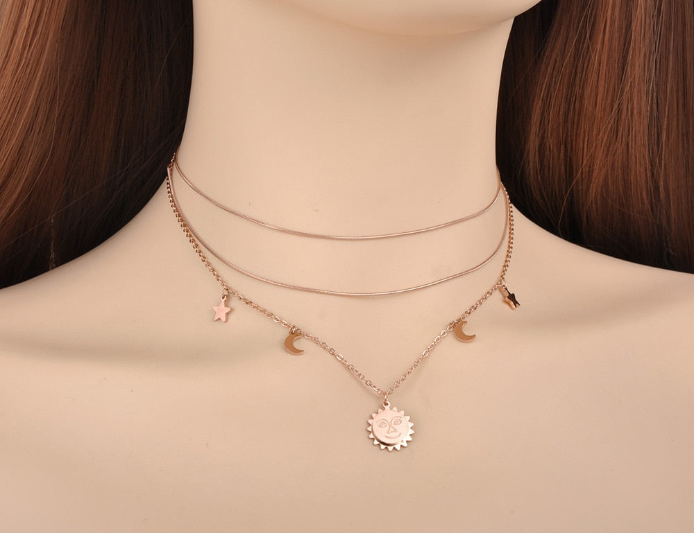 Colar com Três Fios - Sol, Lua e Estrelas - em Aço - REF1571 - PIME.pt