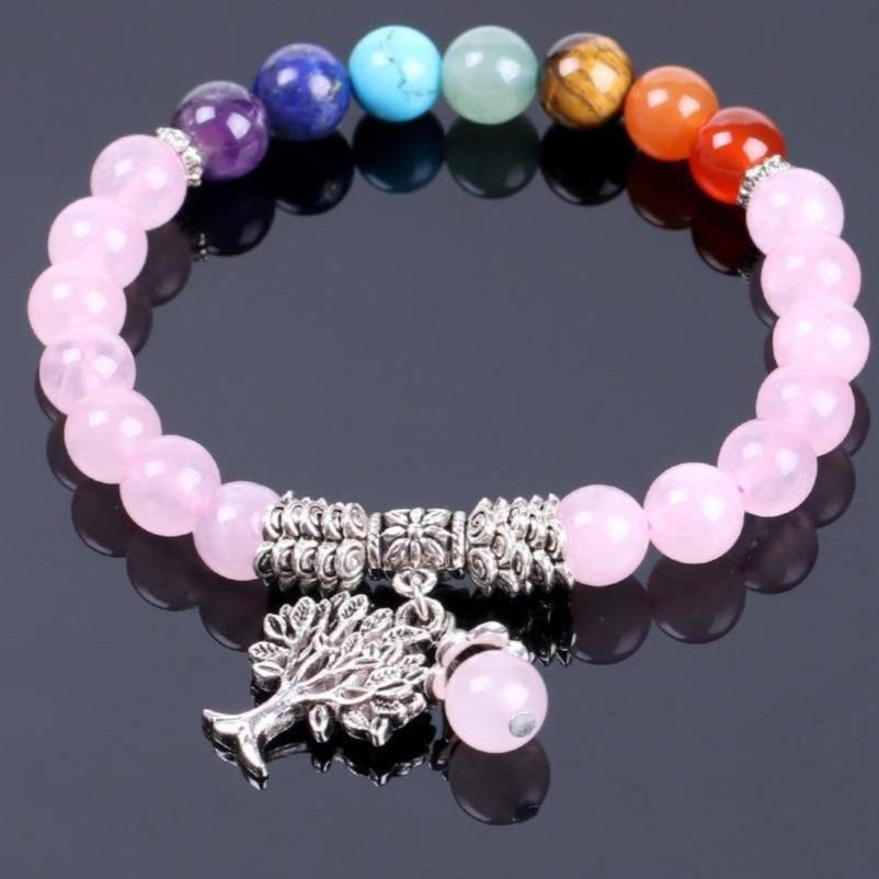 Pulseira 7 Chakras com Árvore da Vida - Pedras Naturais Quartzo Rosa - REF1027