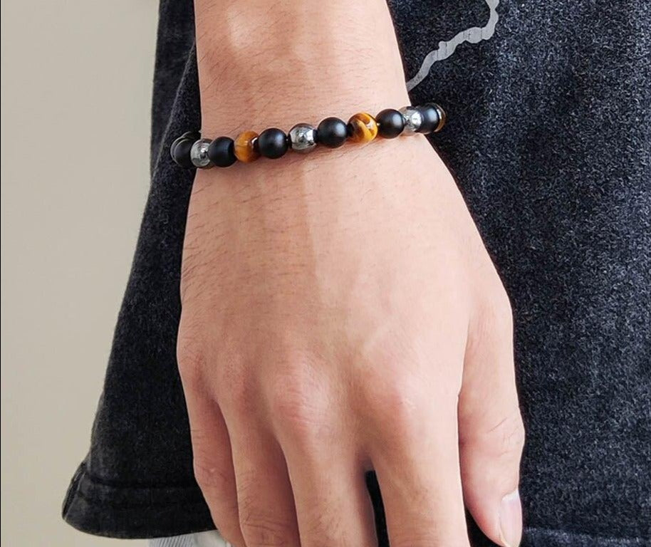Pulseira Pedras Naturais Olho de Tigre, Obsidiana e Hematite - REF1019