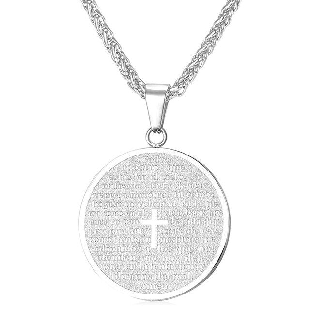Colar Medalha com Pai Nosso - Cruz Cristã - em Aço - REF1130 - PIME.pt