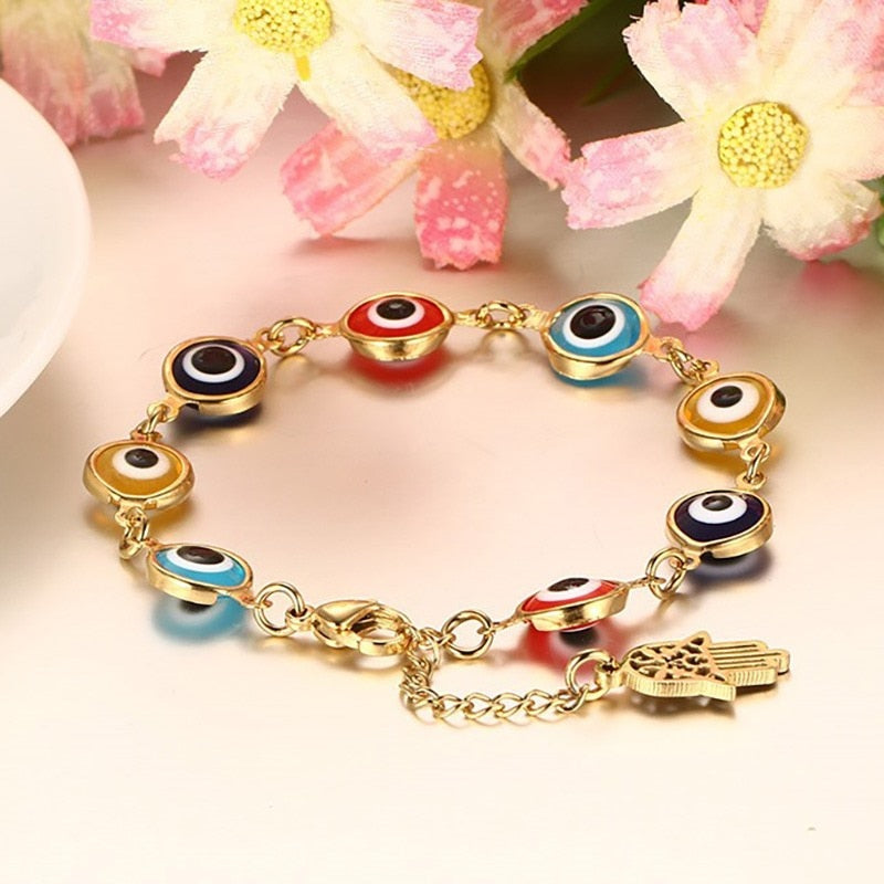 Pulseira Olho Grego Colorido e Mão de Fátima em Aço - REF1576 - PIME.pt