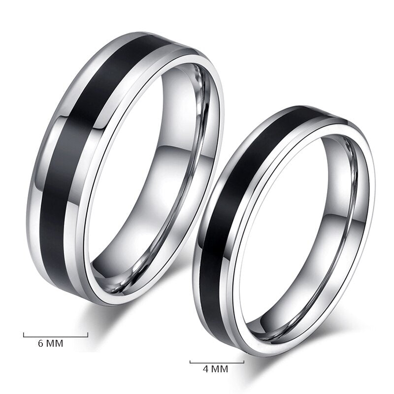 Aliança Prateada com Banda Preta 4mm e 6mm em Aço para Casamento, Namoro ou Compromisso - REF00004 - PIME.pt