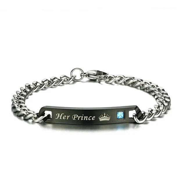 Pulseira para Namorados ou Casais - His Princess/Her Prince com Coroa e Pedra - em Aço - REF1071 - PIME.pt