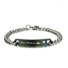 Carregar imagem no visualizador da galeria, Pulseira para Namorados ou Casais - His Princess/Her Prince com Coroa e Pedra - em Aço - REF1071 - PIME.pt