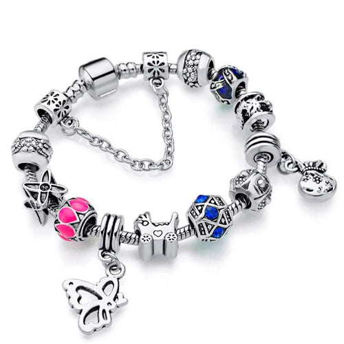 Pulseira com Contas/Charms Borboleta com Cristais - REF1146 - PIME.pt