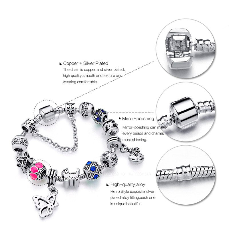 Pulseira com Contas/Charms Borboleta com Cristais - REF1146 - PIME.pt