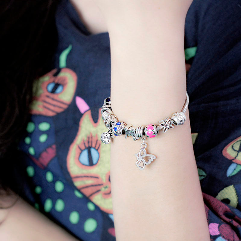 Pulseira com Contas/Charms Borboleta com Cristais - REF1146 - PIME.pt