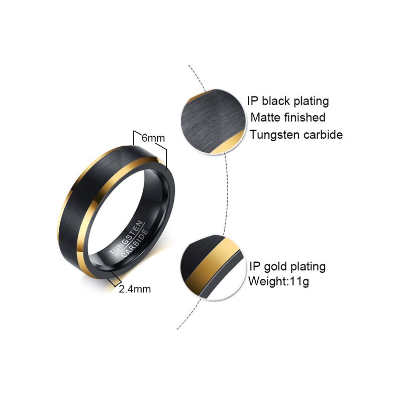 Aliança Preta Matte com Rebordo Dourado 6mm em Tungsténio - REF11099 - PIME.pt