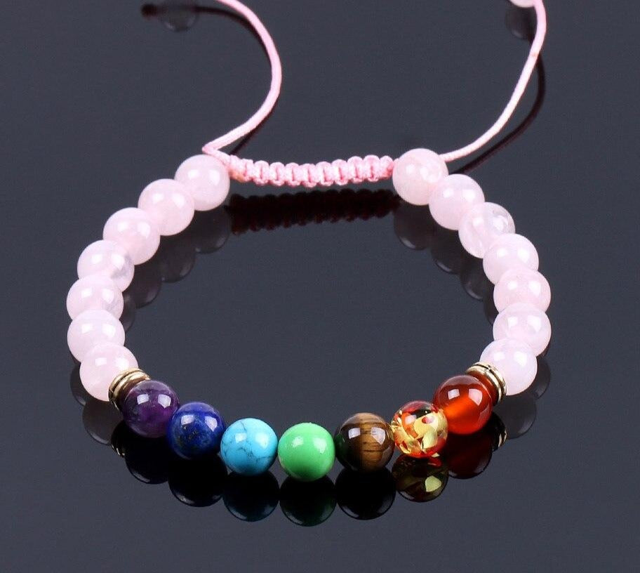 Pulseira 7 Chakras Ajustável Quartzo Rosa - REF1026