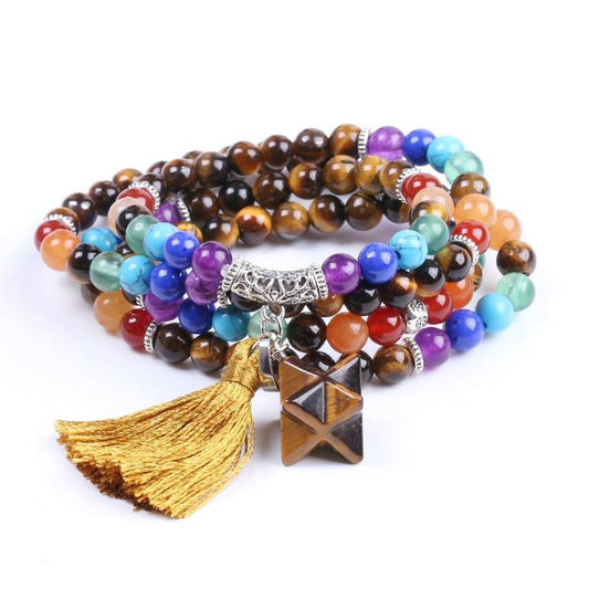 Japamala 7 Chakras com Pedra Naturais Olho de Tigre com Estrela e Tassel - REF1006
