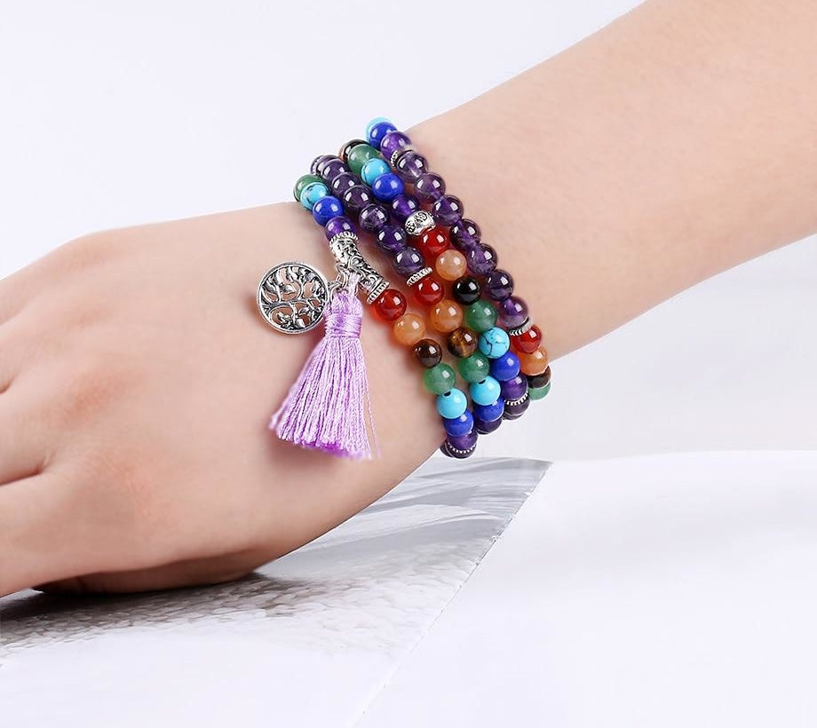 Japamala Ametista com Cristais 7 Chakras - Tassel e Pendente Árvore da Vida - REF1035 - PIME.pt