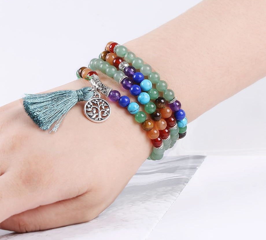 Japamala Aventurina com Pedras 7 Chakras - Tassel e Pendente Raízes de Árvore - REF1037 - PIME.pt