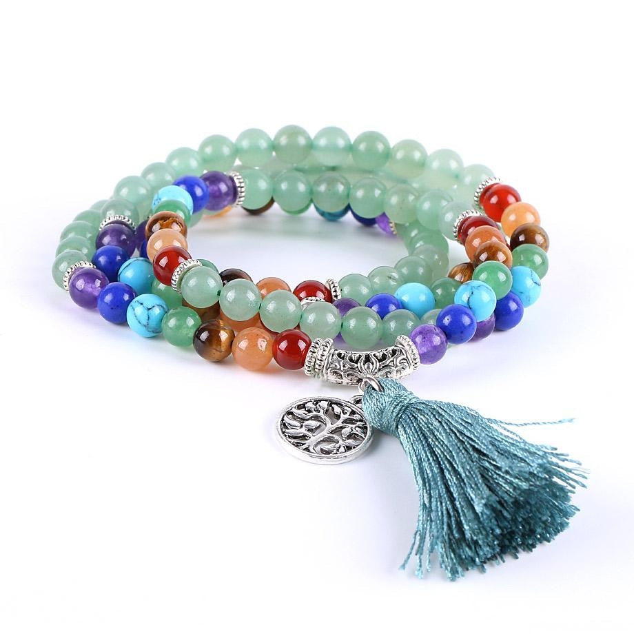 Japamala Aventurina com Pedras 7 Chakras - Tassel e Pendente Raízes de Árvore - REF1037 - PIME.pt