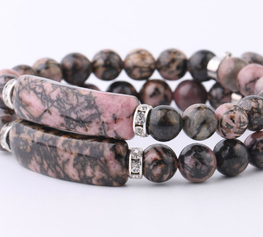 Pulseira com Pedras Naturais Rodonite - Símbolo do Equilíbrio Emocional - com Coração - REF1052 - PIME.pt