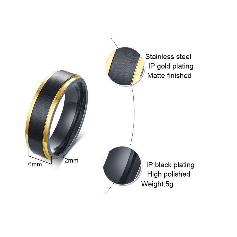 Aliança Preta com Centro Escovado e Rebordo Dourado Brilhante em Aço 6mm para Casamento, Namoro ou Compromisso - REF1010