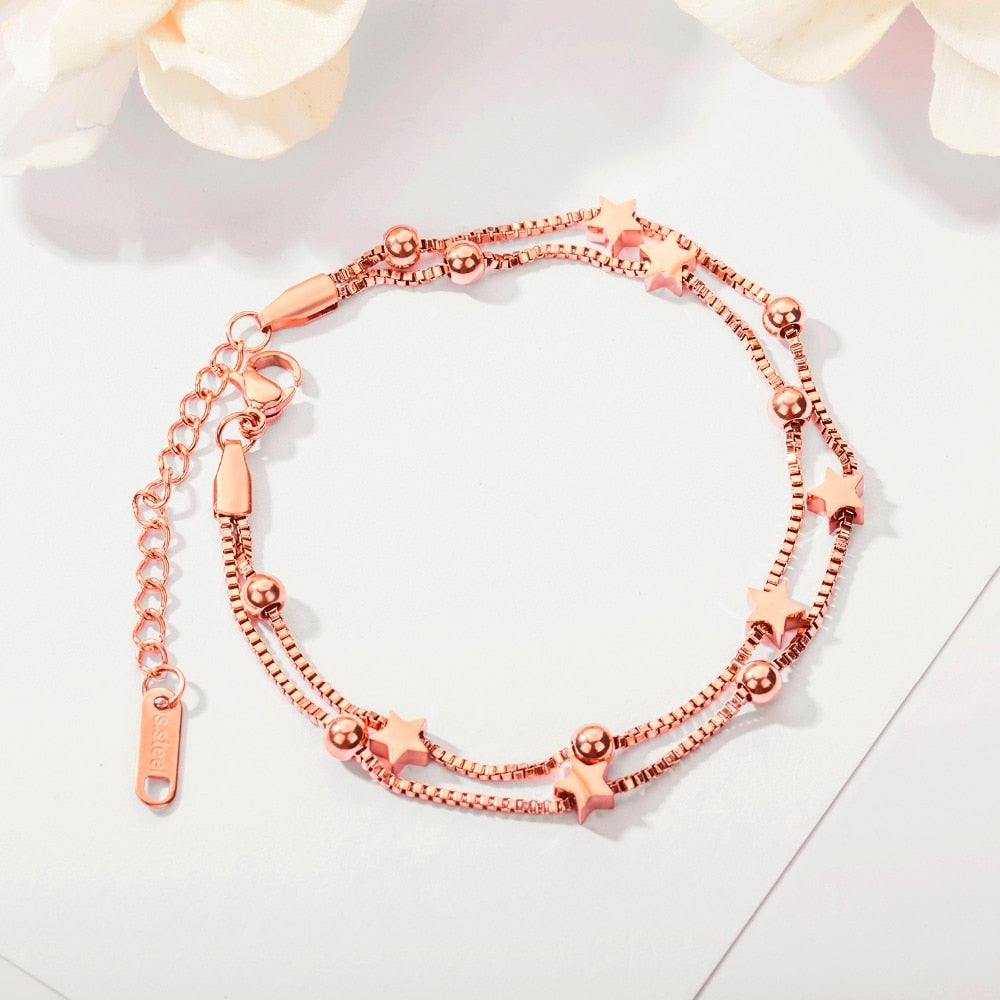 Pulseira Fio Duplo com Estrelas e Bolas em Aço - REF1119 - PIME.pt