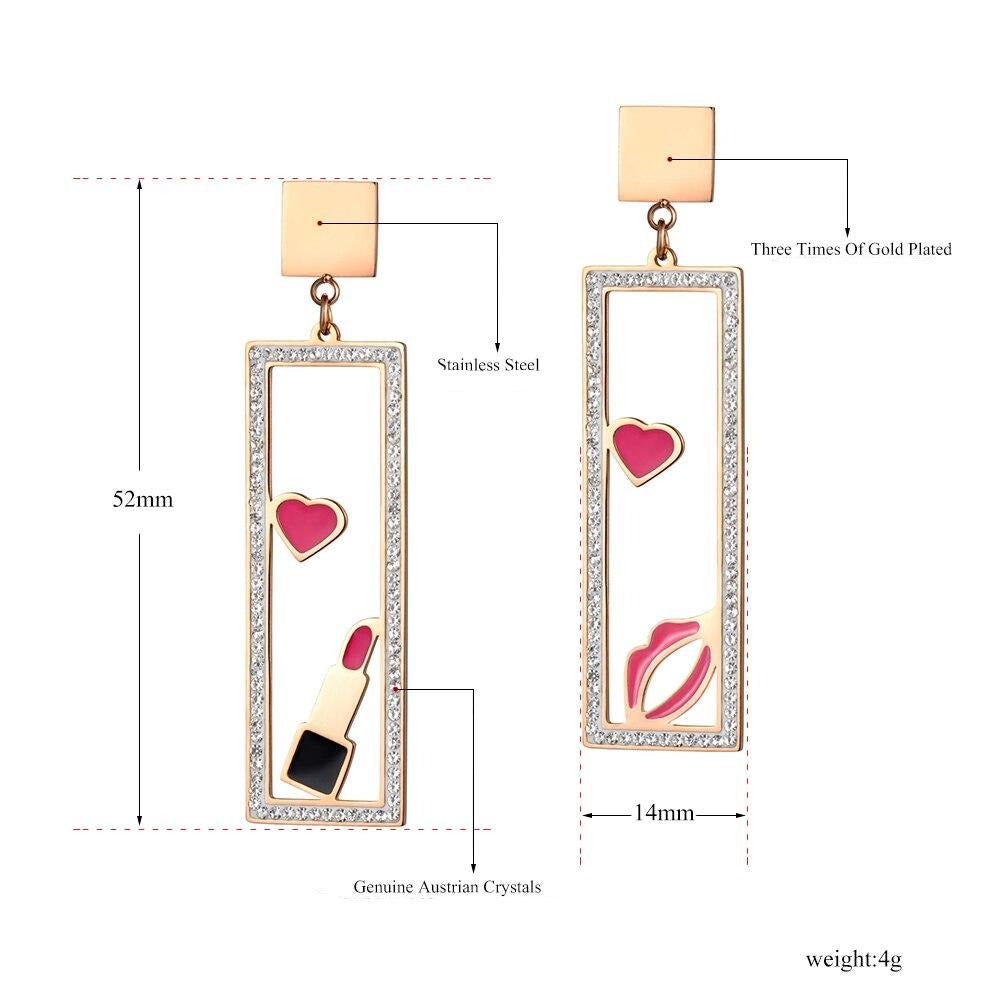 Brincos Verticais Make Up com Batom, Lábios e Corações em Aço - REF1562 - PIME.pt