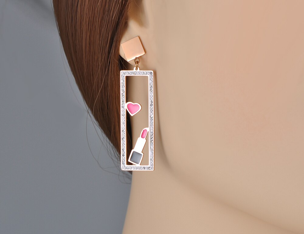 Brincos Verticais Make Up com Batom, Lábios e Corações em Aço - REF1562 - PIME.pt