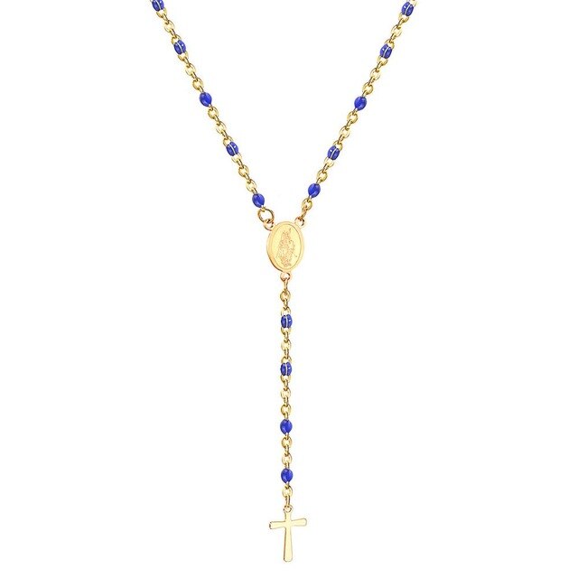 Colar Rosário / Terço Dourado e Azul em Aço - REF1501 - PIME.pt